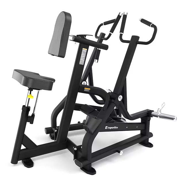 Evezőgép inSPORTline Velocer plate loaded, független karok a szimmetrikus izomfejlesztésért, ergonomikus, nagy sűrűségű párnázás, állítható ülés