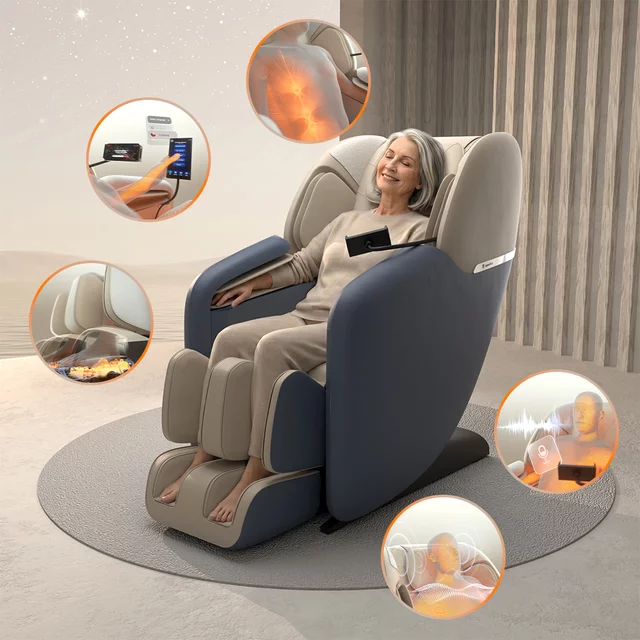 Masszázsfotel inSPORTline Modenico, kihúzható lábtartó, vezérlő LCDkijelzővel, 18 előre beállított program, Bluetooth hangszórók, Zero Gravity pozíció - bézs - barna