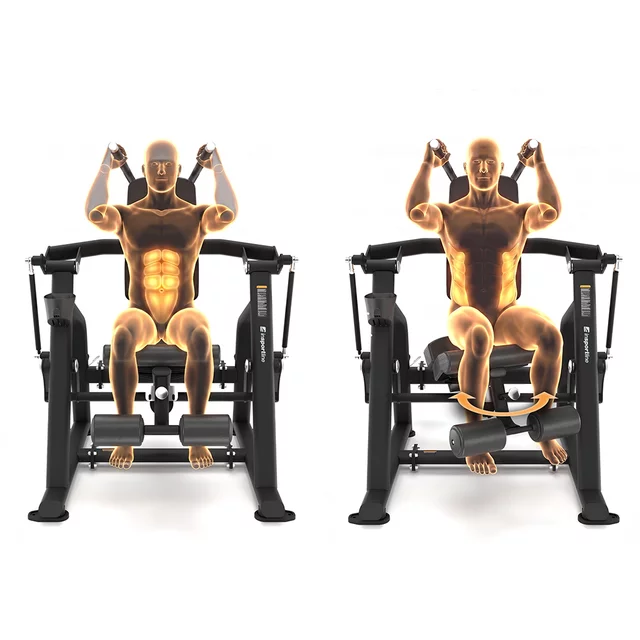 Ülő hasizom erősítő gép inSPORTline Velocer tárcsasúlyos, robusztus felépítés, ergonomikus párnázás, 3 pozícióban állítható ülés, acélszerkezet