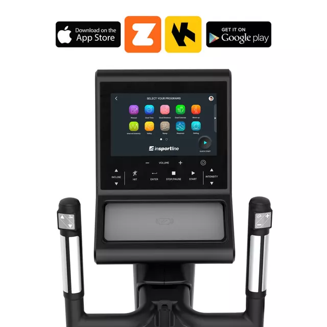 Elliptikus tréner inSPORTline Velocer ET, edzőtermi, max. 150kg, 205x75x176cm, 10kg lendkerék, 51cm lépéshossz, elektromos