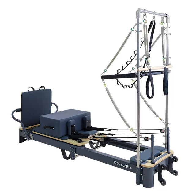 Pilates reformer inSPORTline Comfolder EVO, összecsukható szerkezet, 4 görgő a könnyű mozgatáshoz, karcolásálló váz, levehető háttámla, pilates doboz - bézs