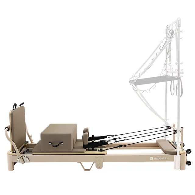 Pilates reformer inSPORTline Comfolder EVO, összecsukható szerkezet, 4 görgő a könnyű mozgatáshoz, karcolásálló váz, levehető háttámla, pilates doboz - bézs