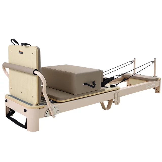 Pilates reformer inSPORTline Comfolder EVO, összecsukható szerkezet, 4 görgő a könnyű mozgatáshoz, karcolásálló váz, levehető háttámla, pilates doboz - bézs