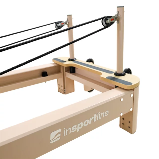 Pilates reformer inSPORTline Comfolder EVO, összecsukható szerkezet, 4 görgő a könnyű mozgatáshoz, karcolásálló váz, levehető háttámla, pilates doboz - bézs