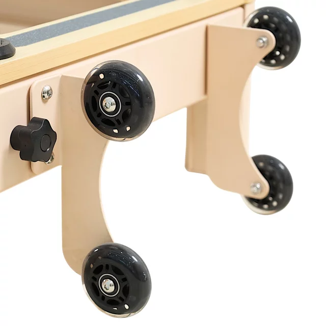 Pilates reformer inSPORTline Comfolder EVO, összecsukható szerkezet, 4 görgő a könnyű mozgatáshoz, karcolásálló váz, levehető háttámla, pilates doboz - bézs