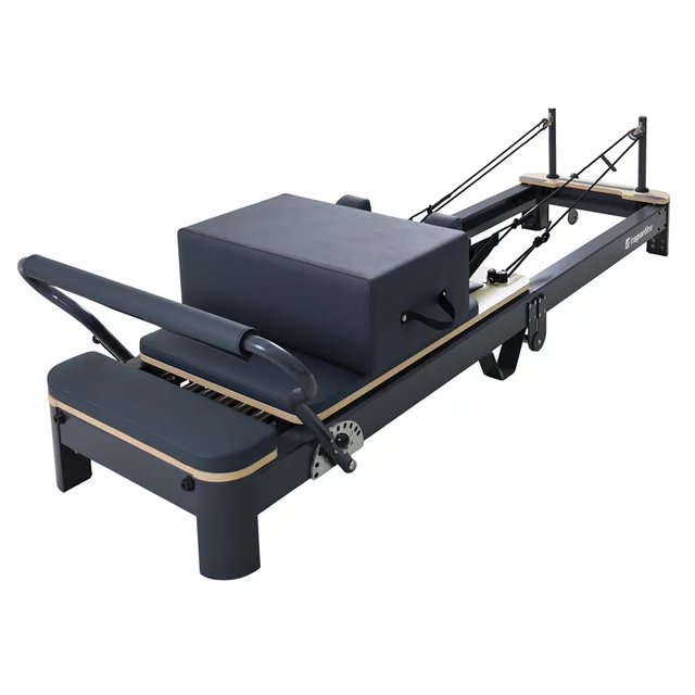 Pilates reformer inSPORTline Comfolder EVO, összecsukható szerkezet, 4 görgő a könnyű mozgatáshoz, karcolásálló váz, levehető háttámla, pilates doboz - bézs