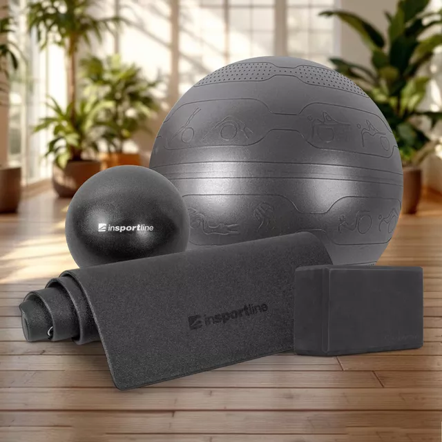 Jóga szett inSPORTline Black,  jóga tégla, edzőszőnyeg, gimnasztikai és aerobic labda