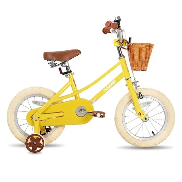 Gyermekkerékpár kosárral Joystar Retro 14", 92-120 cm, kiegészítő segédkerekek , csengő, szilárd acélváz, mintázott felfújható kerekek, puha ülés - sárga - sárga