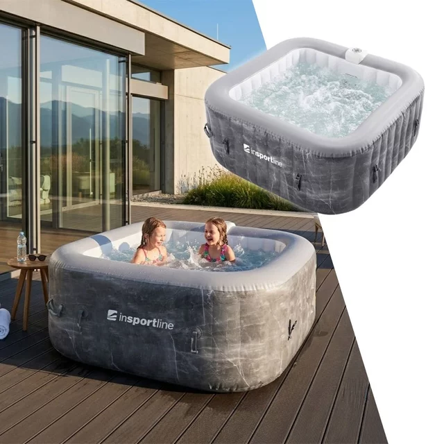Pezsgőfürdő inSPORTline Kamilia 155x155x65 cm, 2–3 fős befogadóképesség, 110 hatékony aeromasszázs-fúvóka, 40 °C-ig emelhető vízhőmérséklet, önfelfújó