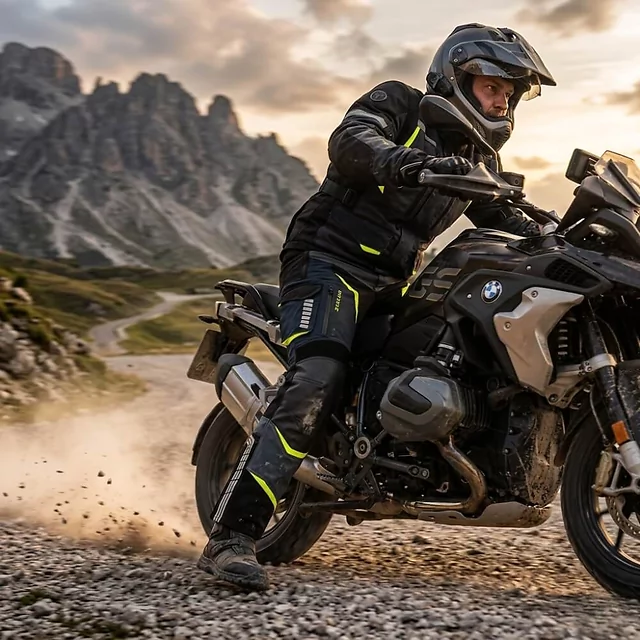 Motoros nadrág W-TEC Modock, víz- és szélálló, kivehető CE protektorok, Visionight fényvisszaverő elemek, csúszásgátló alkalmazás az ülőrészen - fekete-kék-fluoreszkáló sárga