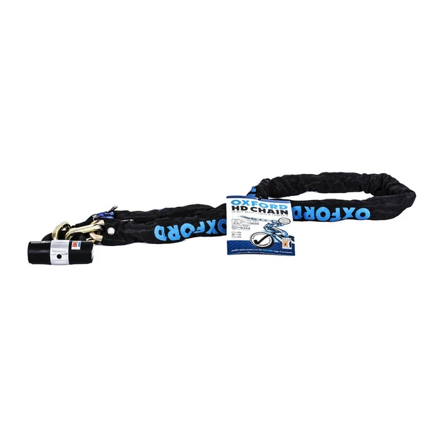 Motorkerékpár lánczár Oxford Heavy Duty 1,5 m kék, Cro-Mo minőségi acél, szövetborítás, Sold Secure laboratórium által tesztelve