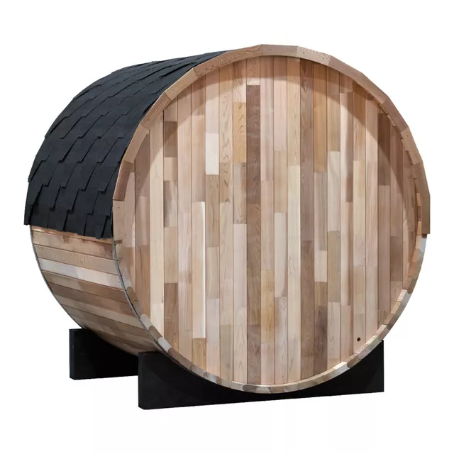 Finn hordó szauna inSPORTline Viduor 300 - Cédrusfa, FANLAN SCA 60 kályha, üveg bejárat, belső világítás, jó hőszigetelő tulajdonságok