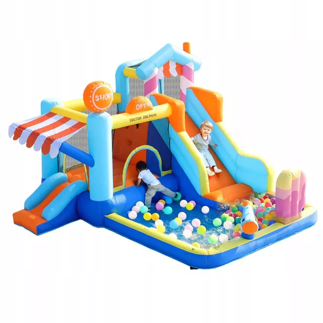 Felfújható ugrálóvár Doctor Dolphin Shop 73072T, védőháló, PVC, 19 kg, 2 perc alatt felfújható, fúvógép, több játékelem, szállítótáska
