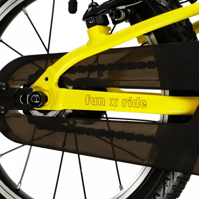 Gyerekkerékpár Kross Liftie 14" Gen 009,  alacsony átlépésű vázszerkezet, féknyerges fékek, alumínium váz, együtt nő a gyermekeddel - sárga / fekete / matt