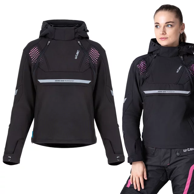 Női softshell motoros kabát W-TEC Annorack Lady, AirVent rendszer, Visionight fényvisszaverő elemek, szélálló softshell anyag, Air Mesh hálós bélés - fekete-rózsaszín - fekete-rózsaszín
