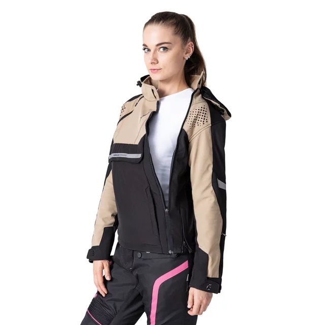 Női softshell motoros kabát W-TEC Annorack Lady, AirVent rendszer, Visionight fényvisszaverő elemek, szélálló softshell anyag, Air Mesh hálós bélés - fekete-homokszínű