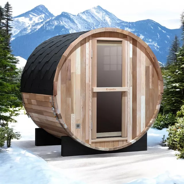 Finn hordó szauna inSPORTline Viduor 300 - Cédrusfa, FANLAN SCA 60 kályha, üveg bejárat, belső világítás, jó hőszigetelő tulajdonságok