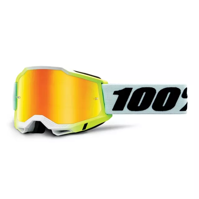 Motocross szemüveg 100% Accuri 2 Mirror, széles látószög, párásodásgátló bevonat, maximális védelem - Dunder fehér-zöld, tükrös plexi