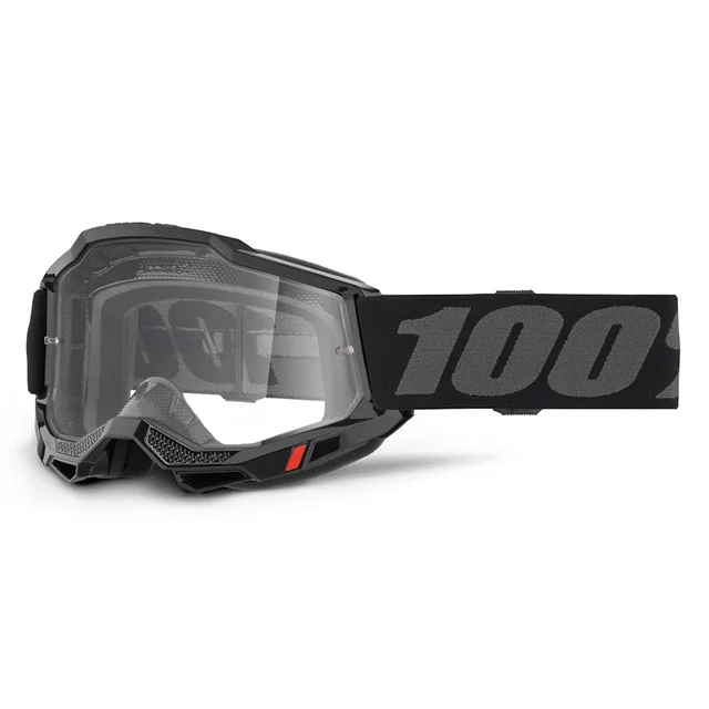 Motocross szemüveg 100% Accuri 2 OTG, páramentesítő bevonat, szilikonozott csúszásgátló pánt,  háromrétegű arcszivacs, hatékony izzadságelvezetés - fekete, átlátszó plexi