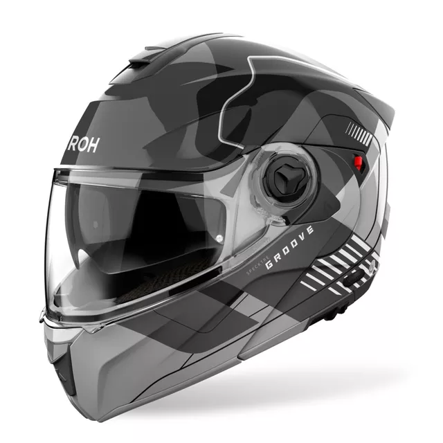 Felnyitható bukósisak AIROH SPECKTRE Groove P/J szürke fényes, extra széles UV plexi, szerszám nélküli napellenző eltávolítás