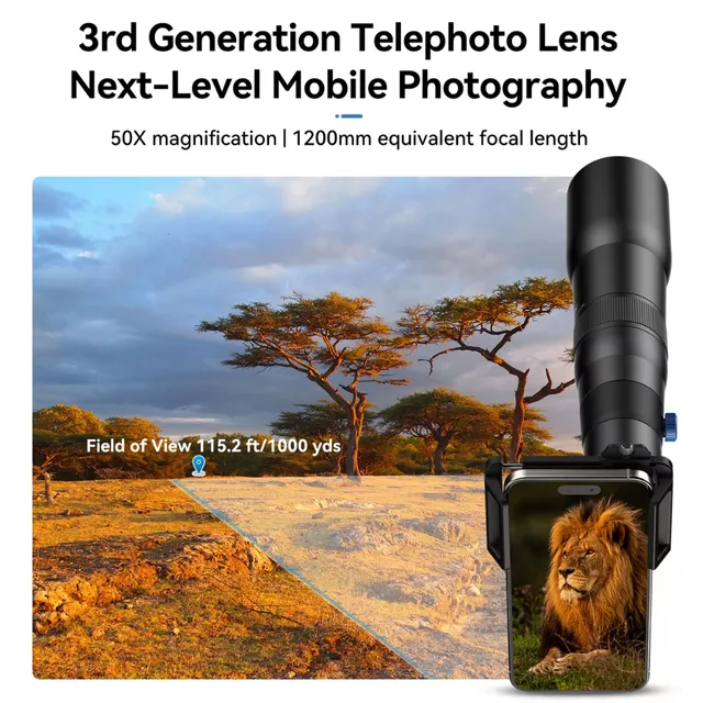 Teleobjektív Apelex 50x, alacsony torzítás, univerzális rögzítés, professzionális optika