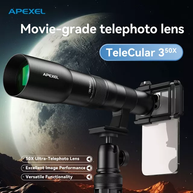 Teleobjektív Apelex 50x, alacsony torzítás, univerzális rögzítés, professzionális optika