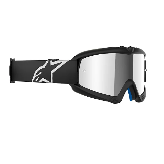 Gyermek motokrossz szemüveg Alpinestars Vision Mirror Youth, kétrétegű arcpárna, rugalmas keret, keretbe integrált szellőzőnyílás, 40 mm szövött pánt - Corp fekete, tükrös ezüstös plexi - Corp fekete, tükrös ezüstös plexi