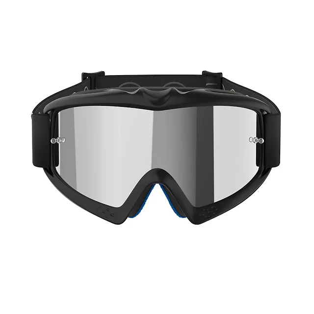 Gyermek motokrossz szemüveg Alpinestars Vision Mirror Youth, kétrétegű arcpárna, rugalmas keret, keretbe integrált szellőzőnyílás, 40 mm szövött pánt - Corp fekete, tükrös ezüstös plexi