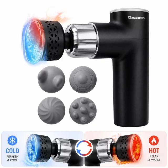 Hideg/meleg masszázspisztoly inSPORTline ChillFrost, 1800 mAh, 1600–2800 fordulat/perc, akár 6 mm lökethossz, 4 masszázsfej, 8 sebességfokozat - zöld - fekete