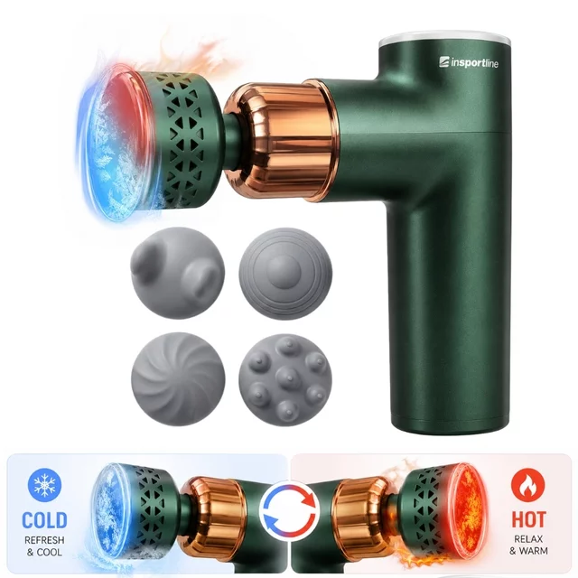 Hideg/meleg masszázspisztoly inSPORTline ChillFrost, 1800 mAh, 1600–2800 fordulat/perc, akár 6 mm lökethossz, 4 masszázsfej, 8 sebességfokozat - zöld - zöld