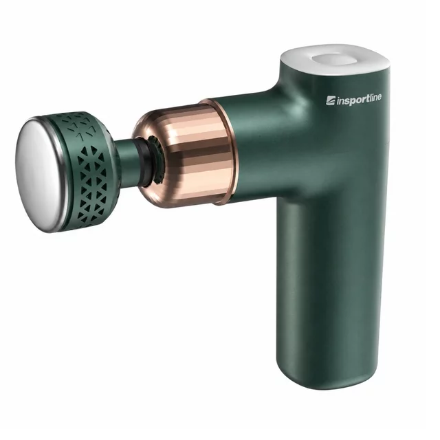 Hideg/meleg masszázspisztoly inSPORTline ChillFrost, 1800 mAh, 1600–2800 fordulat/perc, akár 6 mm lökethossz, 4 masszázsfej, 8 sebességfokozat - zöld