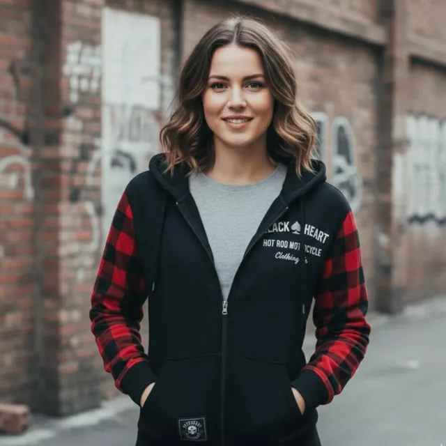 Női motoros kapucnis pulóver W-TEC Black Heart Ramforge, húzózsinóros kapucni, elasztikus kötött szegély, előkészítés hát-, váll- és könyökvédőhöz - piros-fekete