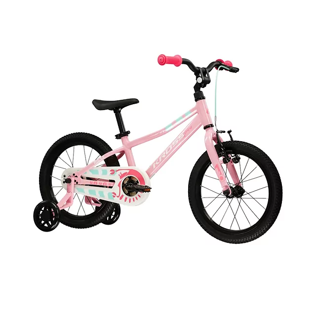 Könnyű gyermekkerékpár Kross Mini 4.0 16", 2026-os modell, 100-120 cm, 8,5 kg, segédkerekek, kényelmes nyereg, ergonomikus markolatok, alumínium váz - rózsaszín/fehér/fényes