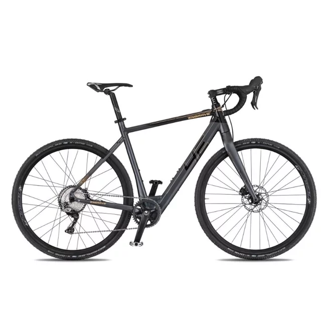 Gravel elektromos kerékpár 4EVER ENGRAVE PRO 28", beépített akkumulátor, SHIMANO GRX 1x11 egysebességes hajtásrendszer, SCHWALBE gumiabroncsok - titán/hologram - titán/metál arany