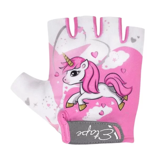 Gyerek kerékpáros kesztyű Etape Tiny, légáteresztő anyag, csúszásmentes tenyér, anatómiai tenyérvarrás - fehér/rózsaszín (egyszarvú) - fehér/rózsaszín (egyszarvú)