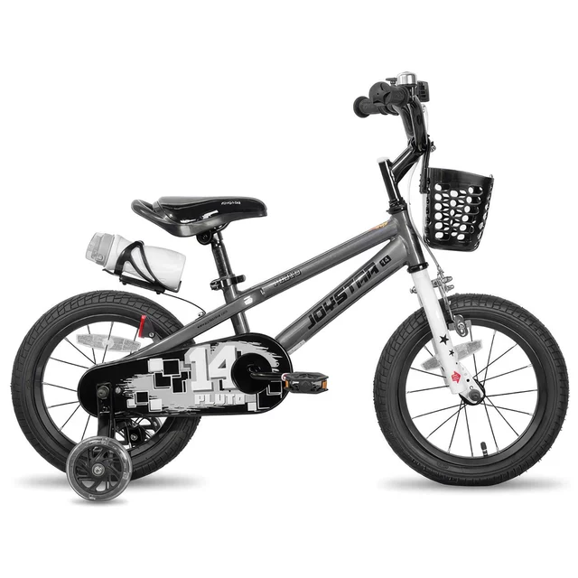 Gyermekkerékpár Joystar Pluto 16", 105-135 cm, világító segédkerekek, állítható nyeregmagasság, szilárd acélváz, zárt láncvédő burkolat - kék - szürke