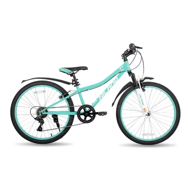 Junior hegyikerékpár Hiland Climber 24", 125-150 cm, sportnyereg, széles MTB-kormány, Shimano hátsó váltó, V-fékek, kettős falú alumínium felnik - fekete - türkiz