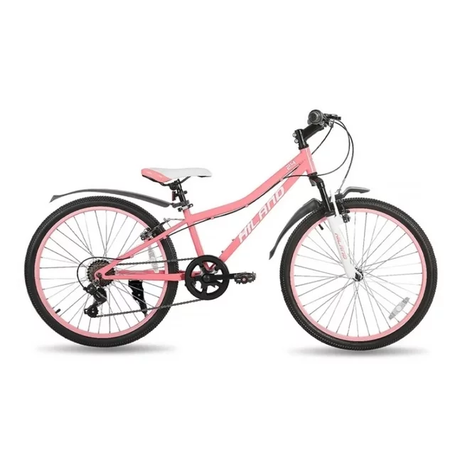 Junior hegyikerékpár Hiland Climber 24", 125-150 cm, sportnyereg, széles MTB-kormány, Shimano hátsó váltó, V-fékek, kettős falú alumínium felnik - fekete - rózsaszín
