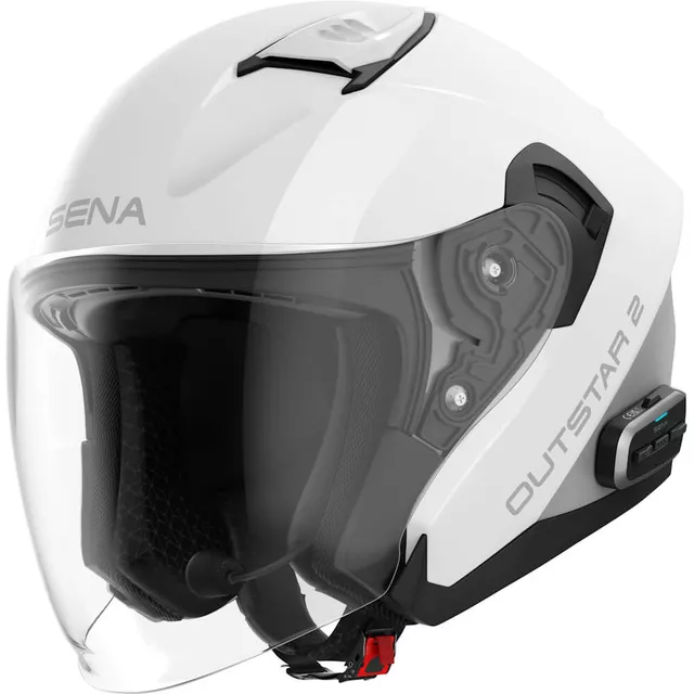 Motoros bukósisak headsettel SENA Outstar 2, Mesh Intercom 3.0, Wave Intercom, mikrométeres csat, második generációs HD hangszórók - fényes fehér - fényes fehér