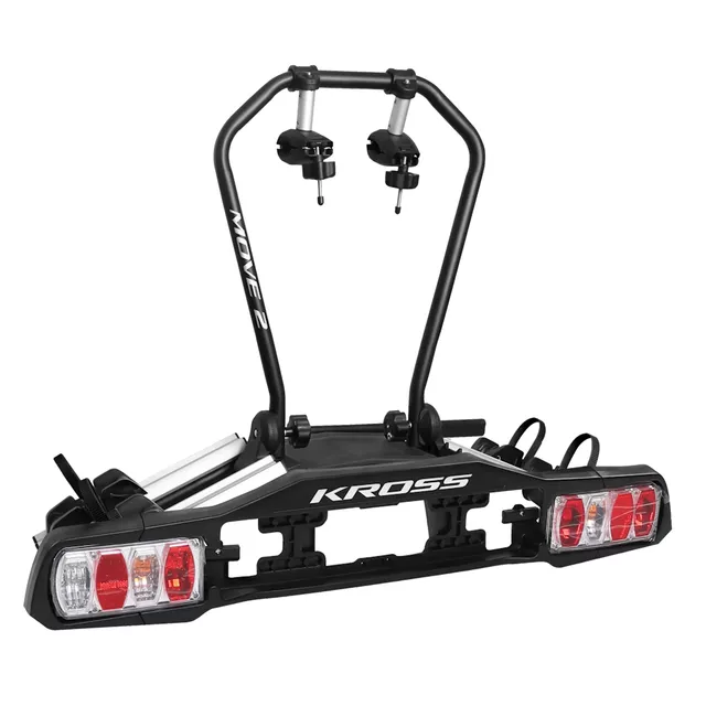 Vonóhorogra szerelhető kerékpárszállító Kross MOVE 2, beépített biztonsági zárak, billentő mechanizmus, lábpedállal működtethető