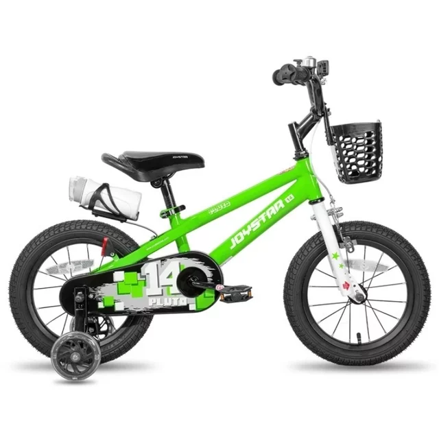 Gyermekkerékpár Joystar Pluto 14", 92-120 cm, világító segédkerekek, állítható nyeregmagasság, szilárd acélváz,  zárt láncvédő burkolat - zöld - zöld