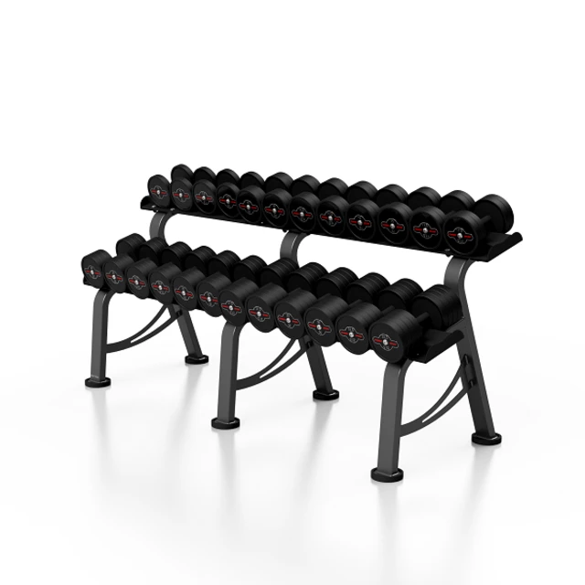 Gumírozott acél súlyzók 5-32,5 kg állvánnyal - Marbo Sport, 552kg, 24db egykezes súlyzó, acél, gumírozott, tartóval, kétsoros állvány