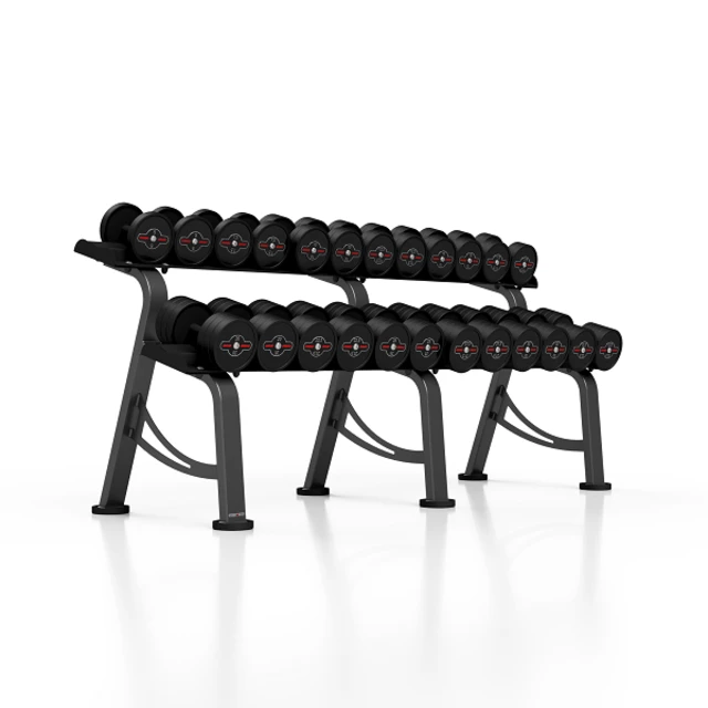 Gumírozott acél súlyzók 5-32,5 kg állvánnyal - Marbo Sport, 552kg, 24db egykezes súlyzó, acél, gumírozott, tartóval, kétsoros állvány