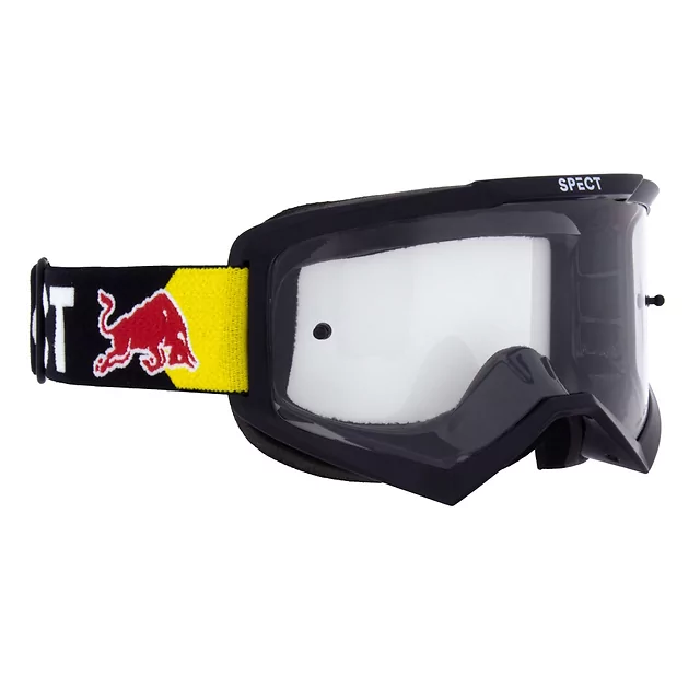Motocross szemüveg RedBull Spect Evan, fekete, átlátszó plexiüveg, fejlett szellőzőrendszer, F Scape páramentesítő kezelés, 100%-os UVA és UVB védelem