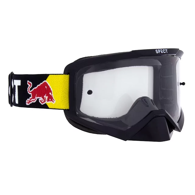 Motocross szemüveg RedBull Spect Evan, fekete, átlátszó plexiüveg, fejlett szellőzőrendszer, F Scape páramentesítő kezelés, 100%-os UVA és UVB védelem