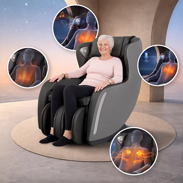 Masszázsfotel Fidardo, légmasszázs, infra melegítés, 12 párna, 2 fej, 6 masszázstípus, lábtartó, hangvezérlés, Bluetooth zene - bézs-barna - fekete-szürke