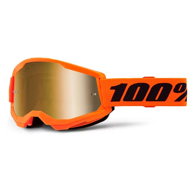 Junior motocross szemüveg 100% Strata 2 Junior Mirror, páramentes bevonat, kétrétegű habszivacs, csúszásgátló pánt - Neon Sárga, rózsaszín plexi - Orange, True arany plexi