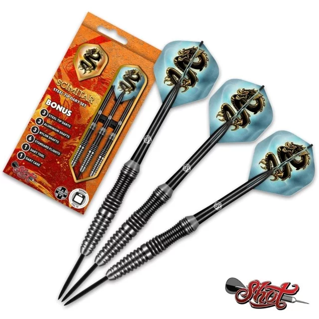 Darts nyílkészlet Shot Value Range Scimitar rozsdamentes acél/sárgaréz, 3 db, bordázott test, darts-karbantartó szerszám