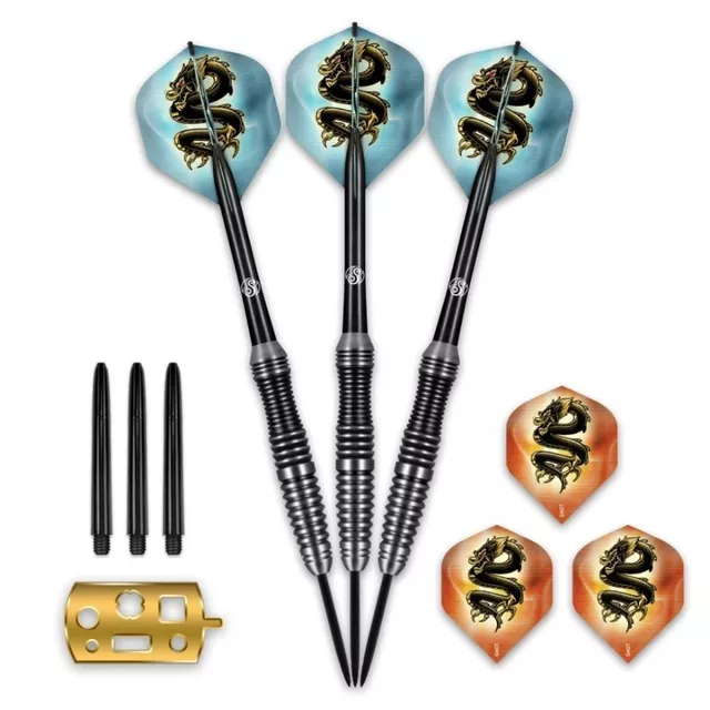 Darts nyílkészlet Shot Value Range Scimitar rozsdamentes acél/sárgaréz, 3 db, bordázott test, darts-karbantartó szerszám
