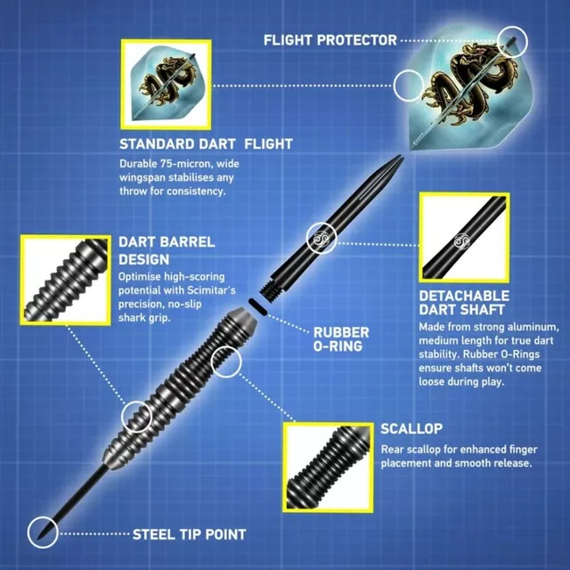 Darts nyílkészlet Shot Value Range Scimitar rozsdamentes acél/sárgaréz, 3 db, bordázott test, darts-karbantartó szerszám